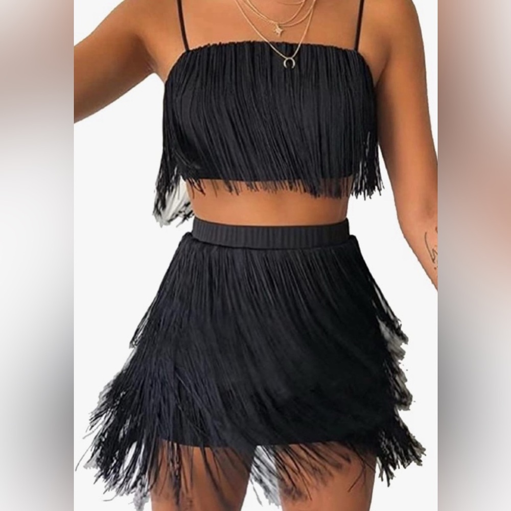 NWT Two Piece Black Fringe Set Flapper Inspired Crop Top with Skirt
